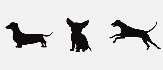 Dog silhouette collection vector. Dog in various poses and activities like jumping, sitting, running, playing, and standing. Silhouette black puppies, pet dog vector
