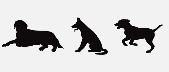 Dog silhouette collection vector. Dog in various poses and activities like jumping, sitting, running, playing, and standing. Silhouette black puppies, pet dog vector