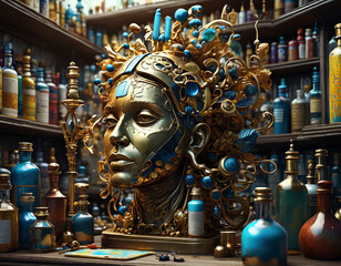Obraz premium Vibrant Modern Art - Symbolic Face Pharmacy Pharmaceutical Bottles on Shelf