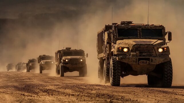 A military convoy featuring a large army truck in the lead, rolling through a barren desert, with camouflage paint and rugged wheels, ready for any mission