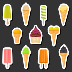 Illustration on theme big kit ice cream popsicle different types in cone waffle cup