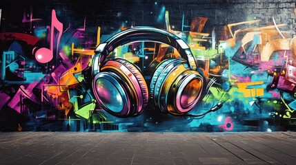 Naklejka premium Vibrant graffiti mural featuring oversized, colorful headphones and musical notes in an urban setting.