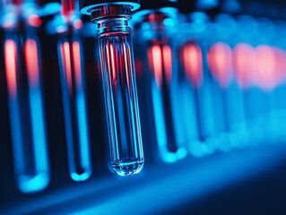 Microscopic view of advanced laboratory glassware, test tubes, and pipettes glowing in neon blue, biological lab equipment, futuristic bioresearch concept