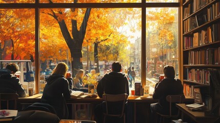 Obraz premium View from a cozy cafe showcasing a vibrant autumn scene, with warm tones emanating from outside.