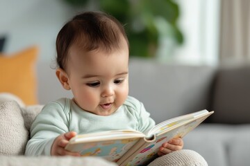 Cute baby reading a book while sitting on a couch. Focused on the colorful, illustrated pages. Cozy home environment with a green plant in the background.