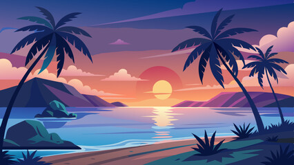 A serene tropical beach scene with silhouettes of tall coconut palm trees gently swaying, set against the backdrop of a large, Beach view with silhouettes of coconut trees shades of blue