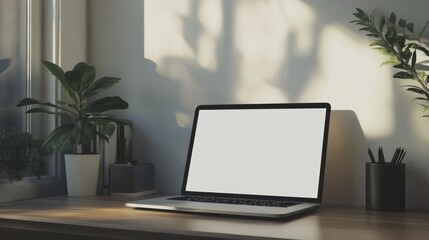 Fototapeta premium A modern workspace with a sleek laptop, potted plants, and a sunlit atmosphere, creating a calm, productive environment.