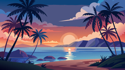 A serene tropical beach scene with silhouettes of tall coconut palm trees gently swaying, set against the backdrop of a large, Beach view with silhouettes of coconut trees shades of blue