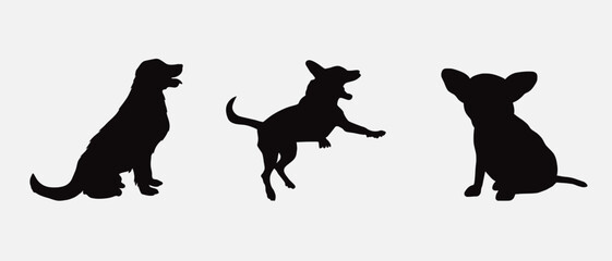 Dog silhouette collection vector. Dog in various poses and activities like jumping, sitting, running, playing, and standing. Silhouette black puppies, pet dog vector