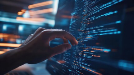 A close-up of a male hand interacting with moving code on a digital screen, evoking a sense of technology and innovation.