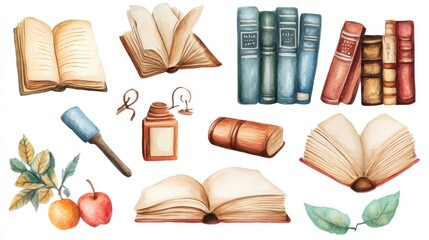A charming collection of illustrated books and stationery items, featuring open and closed books, leaves, and apples.