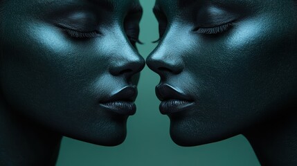 Two dark, glossy mannequin faces almost touching in a serene pose.
