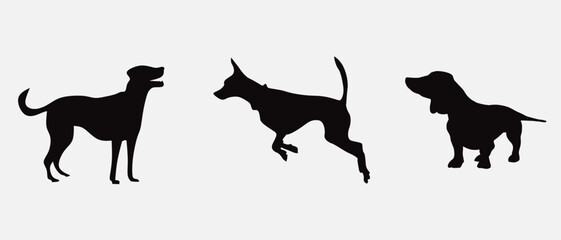 Dog silhouette collection vector. Dog in various poses and activities like jumping, sitting, running, playing, and standing. Silhouette black puppies, pet dog vector