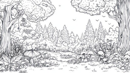 Naklejka premium A whimsical black and white illustration of a serene forest landscape, featuring tall trees, mushrooms, and a tranquil pond.