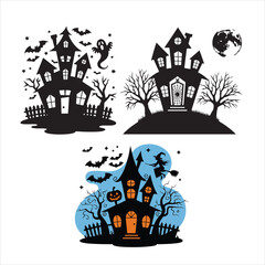 set of halloween, hunted house silhouette
