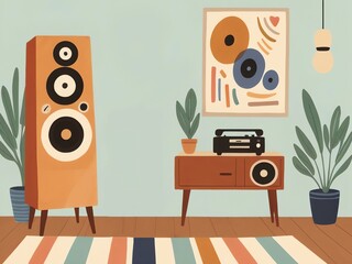 Retro Living Room Interior with Speaker and Record Player