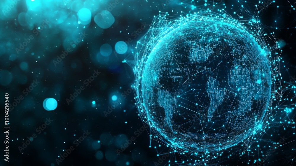 Poster a glowing, interconnected globe made of digital particles, set against a dark background, representi