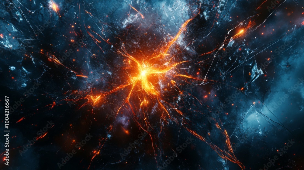Poster a vibrant cosmic explosion with fiery orange and deep blue hues, showcasing swirling energy and intr