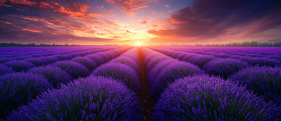 A vibrant lavender field under a warm evening sky, the rows of purple flowers stretching into the horizon, creating a calming and picturesque scene. Ideal for peaceful and nature-themed backgrounds.