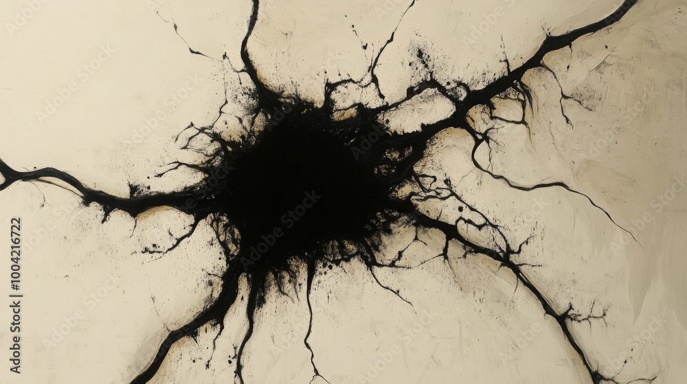 Poster An abstract black design resembling a central spot with branching lines, set against a light background, creating a striking visual contrast.