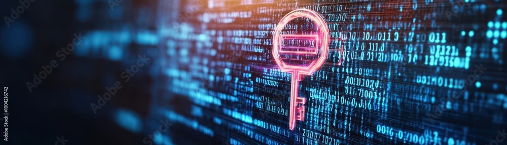 Aufkleber Lock and key symbol in holographic style, surrounded by binary code, dark abstract background, futuristic digital security, high contrast