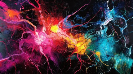 A vivid abstract painting featuring vibrant colors and energetic lines against a dark background, evoking a sense of movement and dynamism.