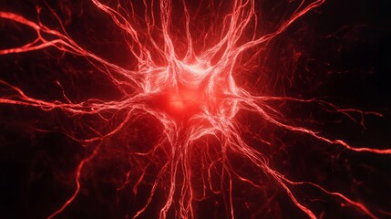 Obraz premium A vibrant red neuron with branching extensions, set against a dark background, highlighting the complexities of neural connections.