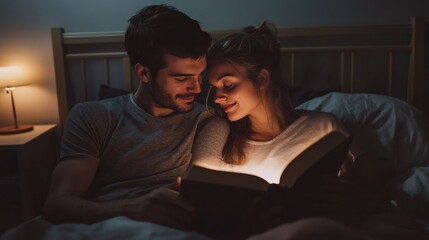 Obraz premium A young couple, a Caucasian man and woman, enjoying a cozy reading moment together in bed, illuminated by warm light.