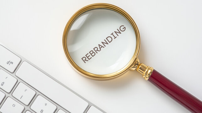  REBRANDING symbol through a magnifying glass s on a white background. Business and rebrand concept.