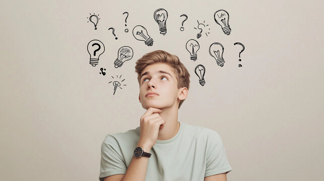 Thoughtful young man and drawn question marks on a grey background with space for text
