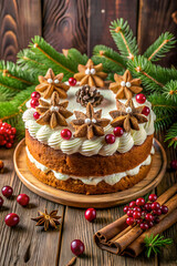 A Festive Cake Decorated with Cranberries and Whipped Cream