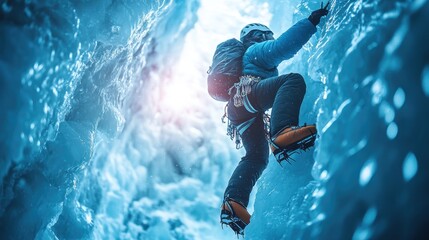 Climber scaling an icy wall in a dramatic blue environment.