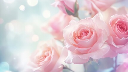 Obraz premium Delicate pink roses with soft petals, creating a dreamy and romantic atmosphere.