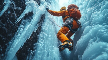 Climber navigating an icy crevice in winter conditions.