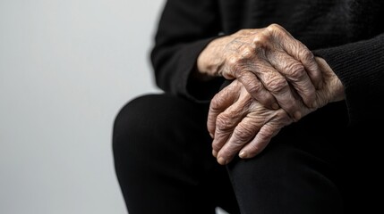 Fototapeta premium A close-up view of elderly hands resting on a knee, conveying age, wisdom, and serenity with a neutral background.