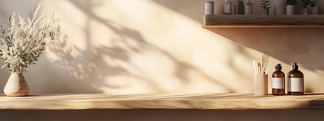  Wooden countertop in the kitchen. Empty product table against a beige wall background. Brown podium for presentation. Interior with a platform for advertising eco-cosmetics. 