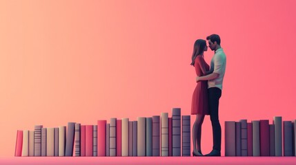 A romantic couple, a Caucasian man and a Caucasian woman, embraces against a gradient pink backdrop with books in the foreground.