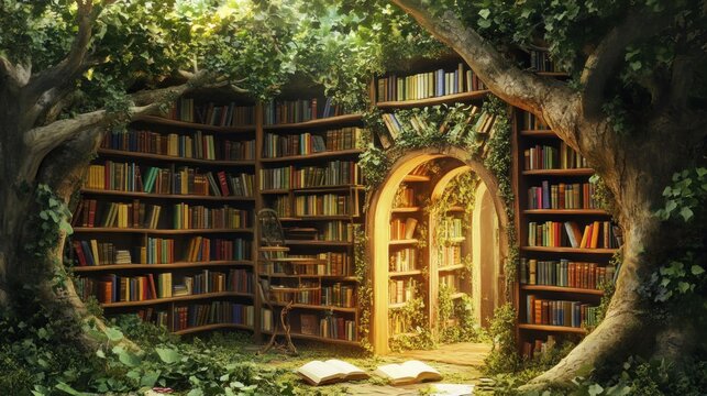 Enchanting library corner with vibrant bookshelves and a cozy archway, bathed in warm sunlight.