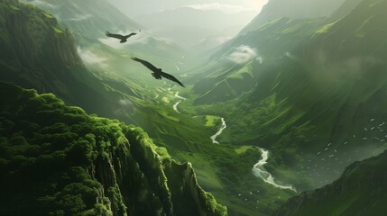 A pair of birds soaring above a lush green valley with a winding river below.