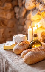 A rustic table setting featuring fresh bread, cheese, and olive oil, illuminated by soft candlelight, creating a warm atmosphere.