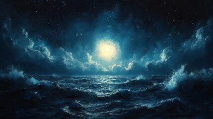 impasto painting technique depicting a starry sky over a textured sea capturing the ethereal beauty of celestial bodies reflected in the oceans depths evoking feelings of wonder