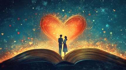 Naklejka premium A silhouette of a couple stands on a giant open book, surrounded by a glowing heart made of sparkles and colorful lights.