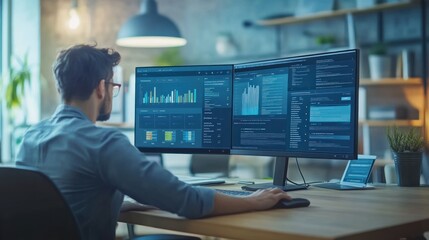 A focused Caucasian male data analyst monitors multiple screens in a modern office, analyzing complex data visualizations.