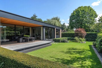 Fototapeta premium Modern house backyard lawn architecture outdoors.