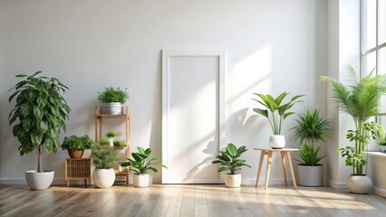 Bright and airy mock up room with natural light, plant decor, and minimalist frame