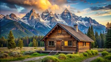 Obraz premium Cozy traditional cabin nestled in the picturesque mountain landscape with rustic charm