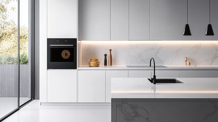 Modern Kitchen with White Cabinets, Black Oven, and Marble Countertops.