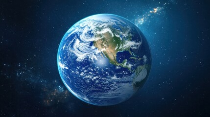 Obraz premium Stunning view of Earth from space, showcasing vibrant blue oceans and green landmasses against a dark, star-filled background.