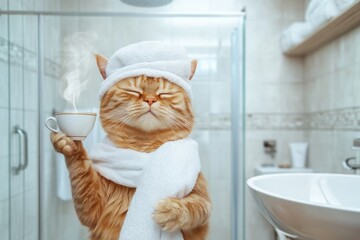 An adult red-haired cat is sitting with a white cup with a hot drink in his paw and a terry towel on his head against the background of a shower stall in the bathroom.