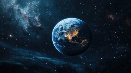 Fototapeta premium A breathtaking view of Earth from space, showcasing illuminated cities against a backdrop of stars.